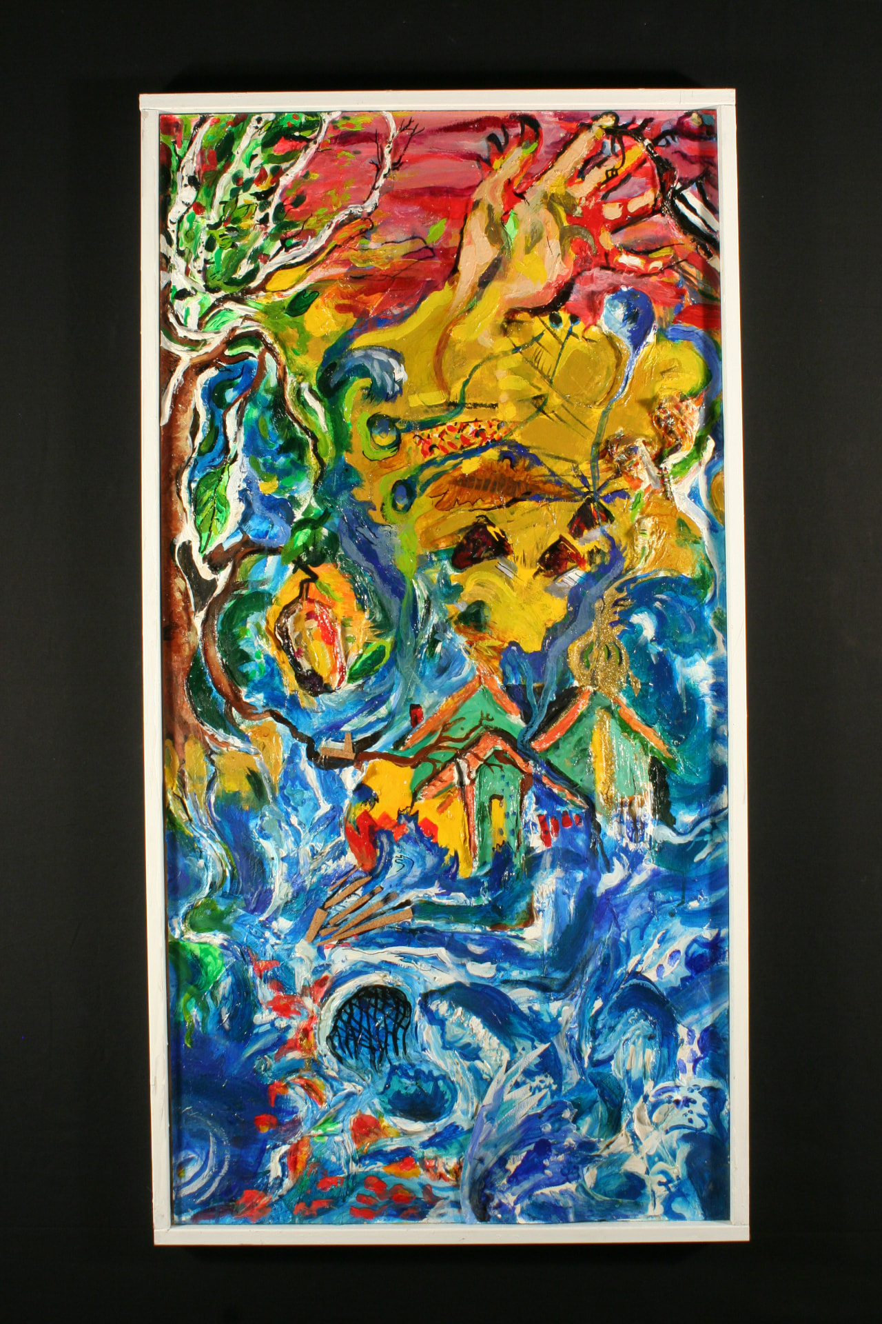 Vibrant abstract landscape with swirling blues, greens and golds