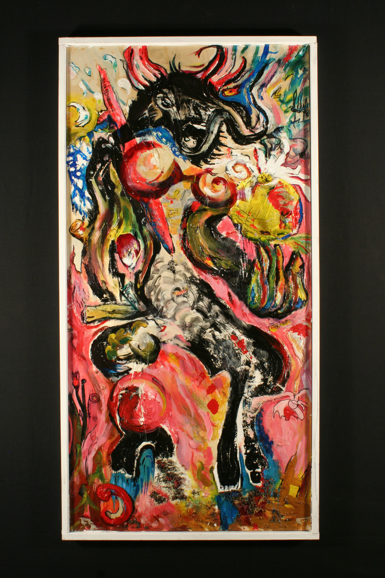 Abstract expressionist painting with bold red, black and gestural forms