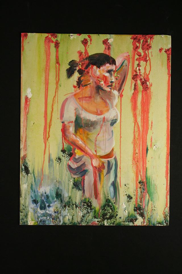 Expressive figure painting with red drips against a green field