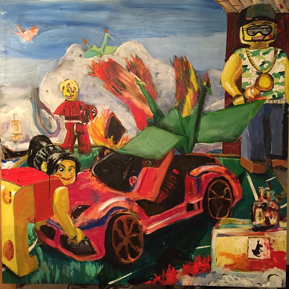 Colorful narrative painting with a toy car and figures in a mountain scene