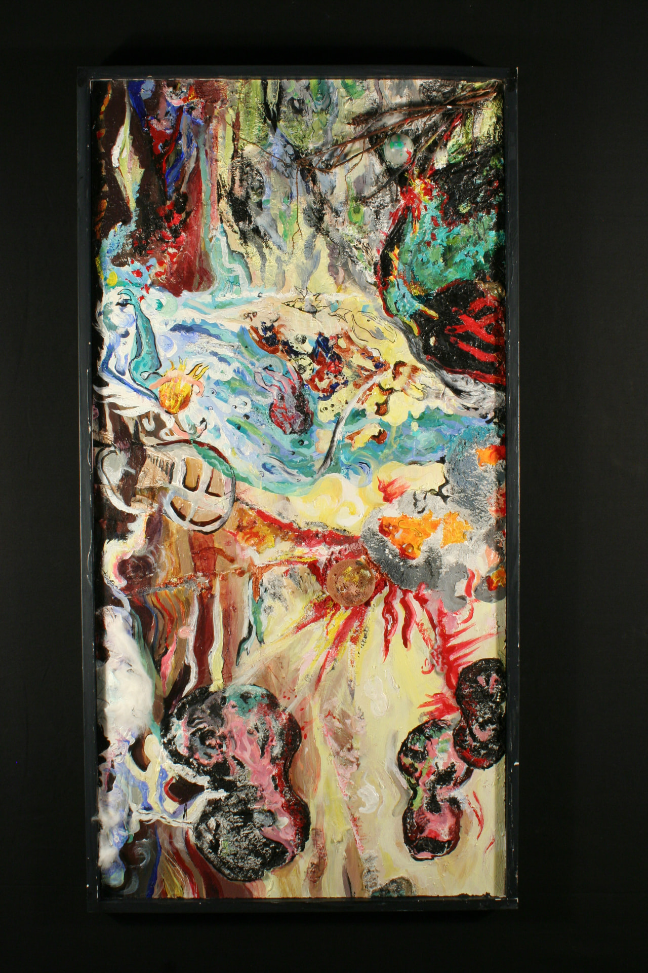 Textured abstract composition with layered earth tones and gestural marks