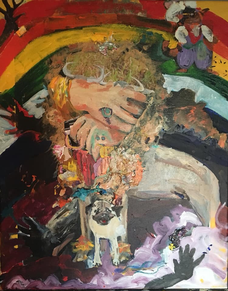 Surreal composition with a rainbow, animals, hands and symbolic figures