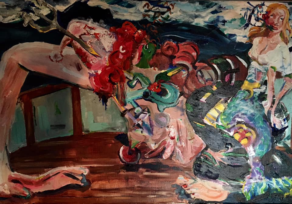 Surreal figurative scene with a reclining figure, mermaid and trident