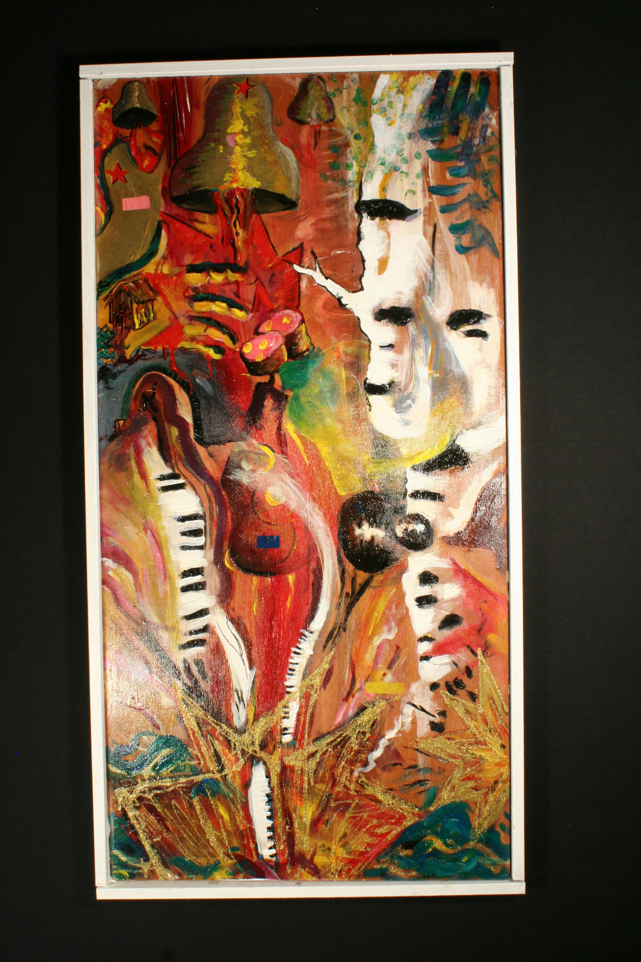 Expressive abstract work with figurative elements and rich red palette