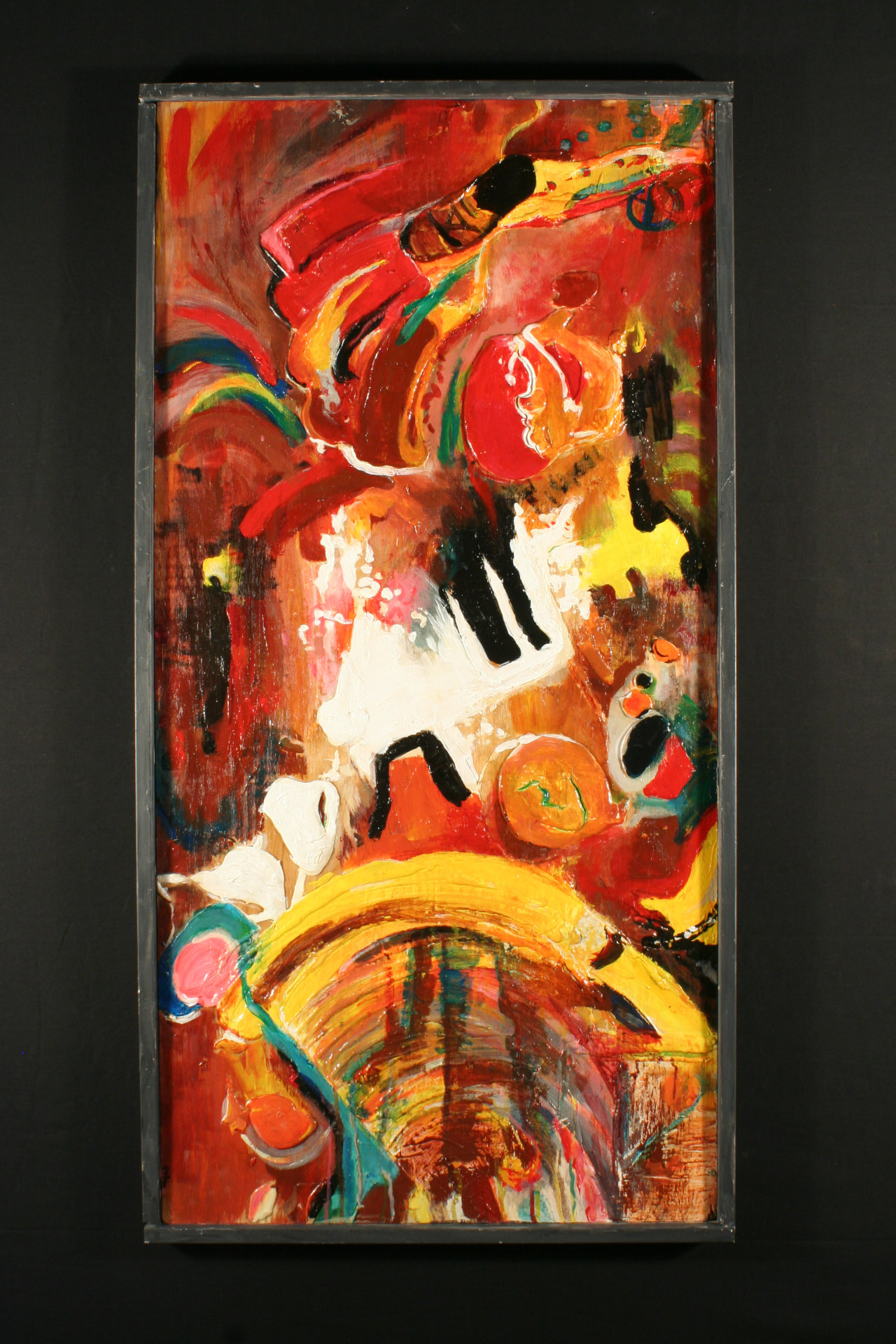 Warm abstract painting with reds, oranges and dynamic brushwork